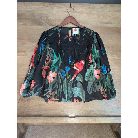 The FARM Rio Blouse Top Womens Small Black Floral Midnight Macaw Fiesta Lace NWT